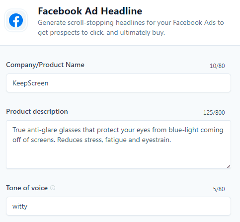 Jasper Template example - Facebook Ad Headline (Input)