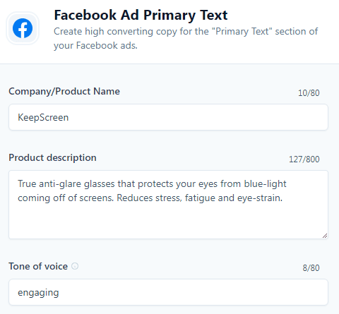 Jasper Template example - Facebook Ad Primary Text (Input)