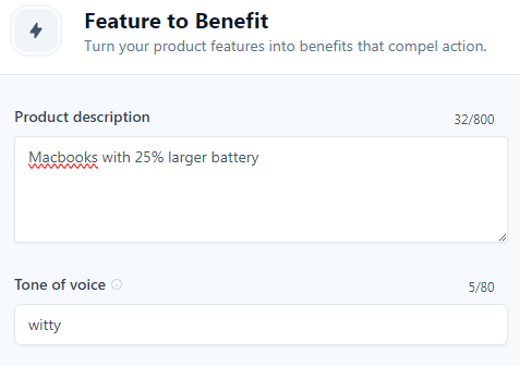 Jasper AI templates: Feature to Benefit (Input) Jasper AI is sometimes as good as Apple Copywriters.