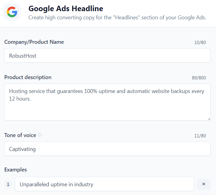 Jasper AI templates: Google Ads Headline (Input)