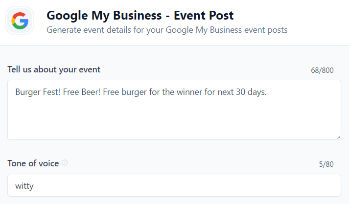 Jasper AI templates: Google My Business - Event Post (Input)