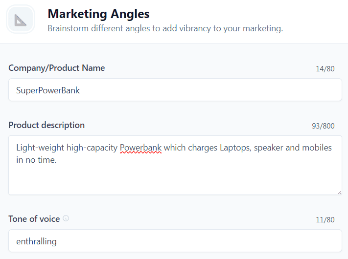 Jasper AI templates examples: Marketing Angles template (Input)