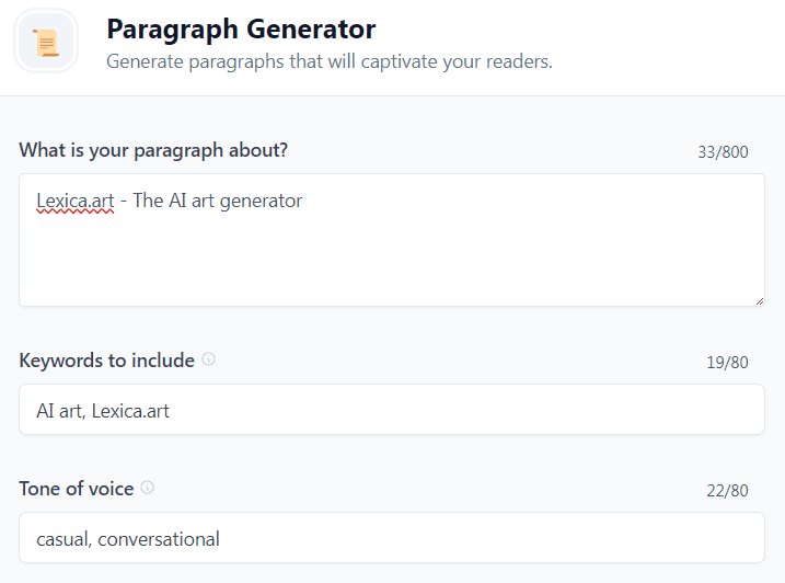 Jasper AI templates examples: Paragraph Generator template (Input)