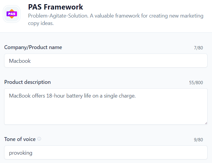 Jasper AI templates examples: PAS Framework (Input)