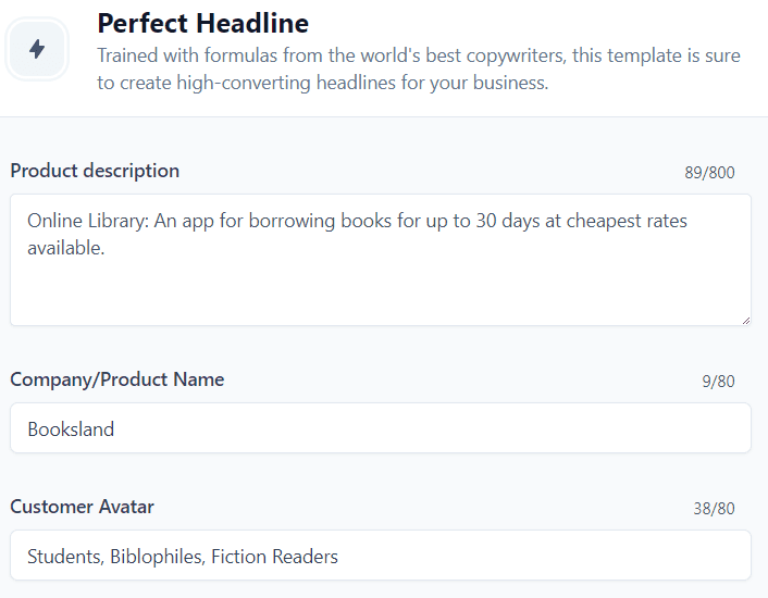 Jasper AI templates examples: Perfect Headline (Input)