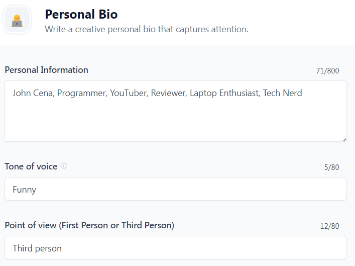 Jasper AI templates examples: Personal Bio (Input)