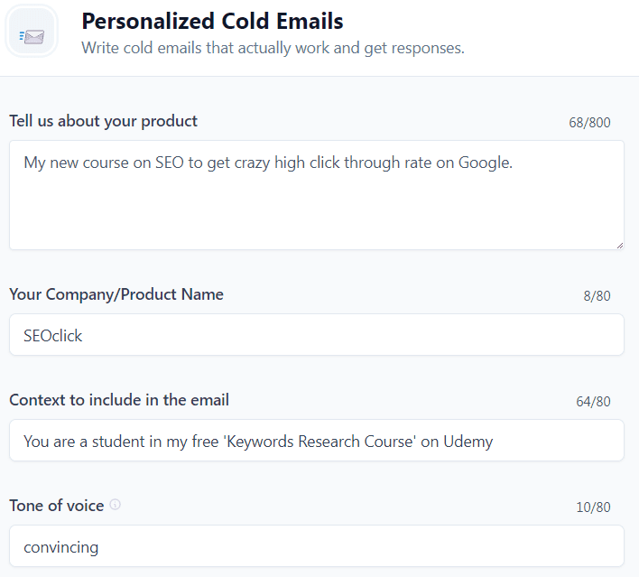 Jasper AI templates examples: Personalized Cold Emails Framework (Input)