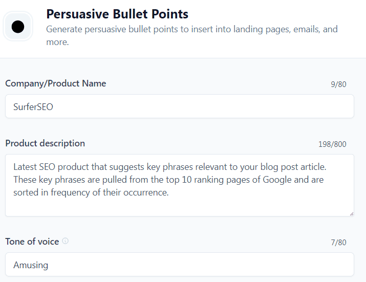 Jasper AI templates examples: Persuasive Bullet Points template (Input)