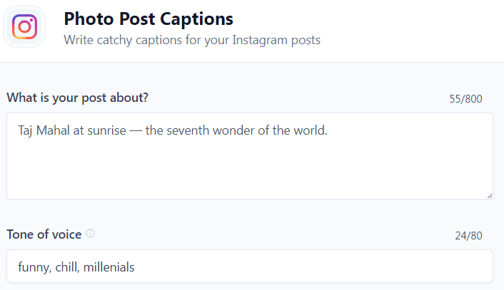 Jasper AI templates examples: Instagram Photo Post Captions template (Input)