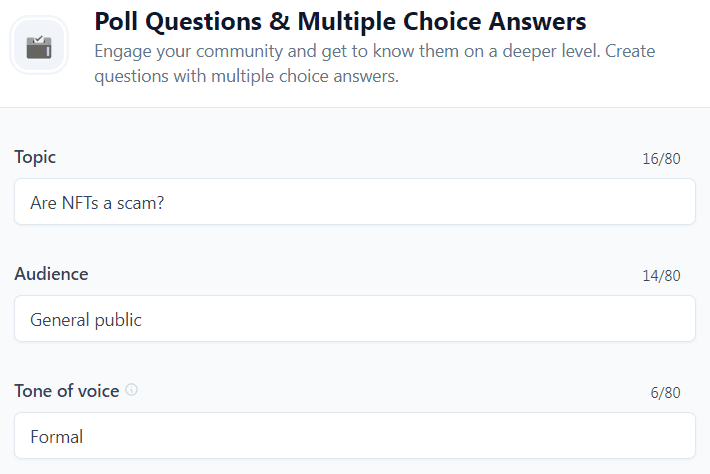 Jasper AI templates examples: Poll Questions & Multiple Choice Answers template (Input)