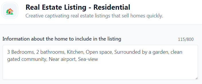 Jasper AI templates examples: Real Estate Listing - Residential (Input)