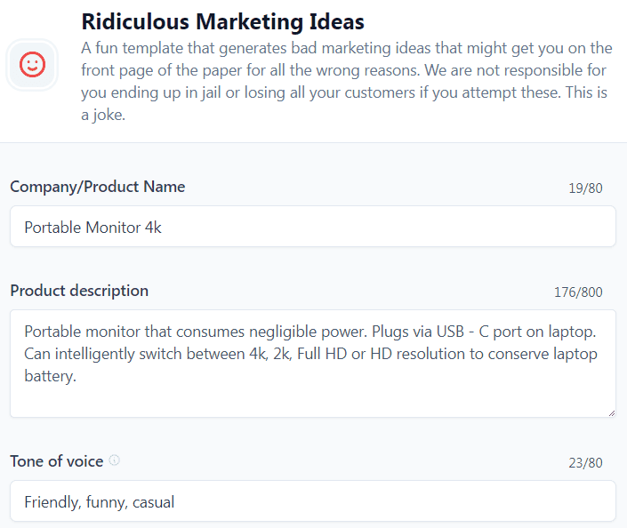 Jasper AI templates examples: Ridiculous Marketing Ideas (Input)