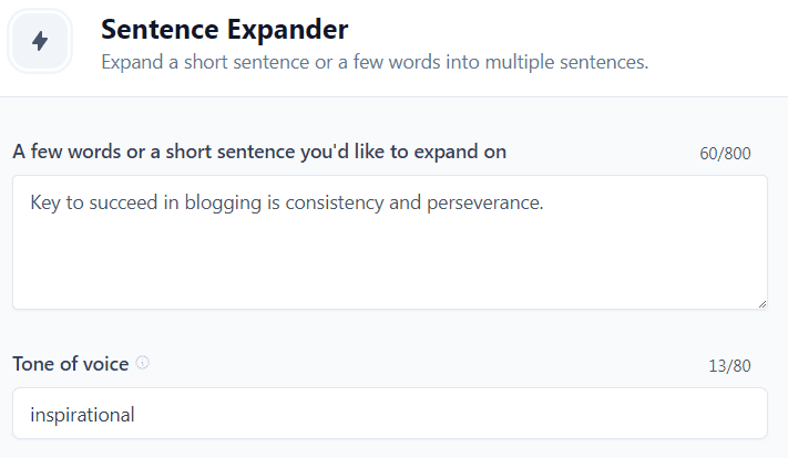 Jasper AI templates examples: Sentence Expander (Input)