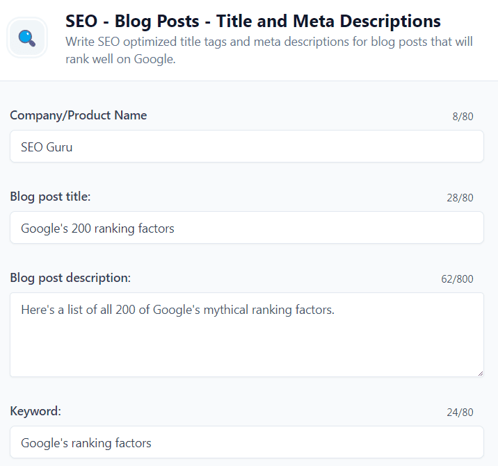 Jasper AI templates examples: SEO - Blog Posts - Title and Meta Descriptions (Input)