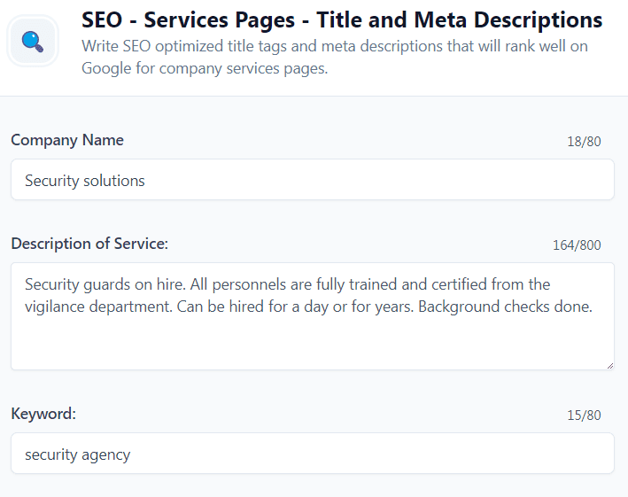 Jasper AI templates examples: SEO - Service Pages - Title and Meta Descriptions (Input)