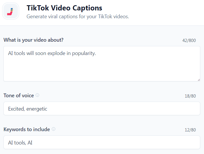 Jasper AI templates examples: TikTok Video Captions (Input)