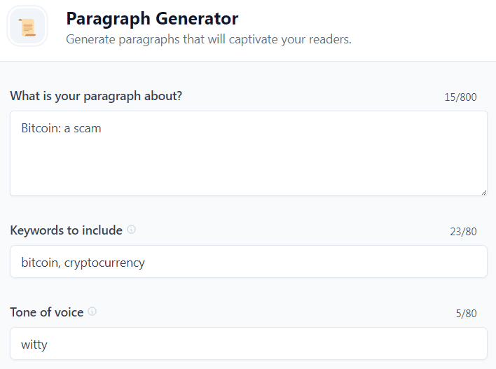 Jasper AI templates examples: Paragraph Generator (Witty Tone) (Input)