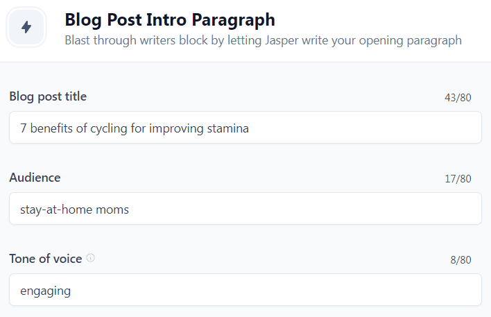 Jasper AI templates examples: Blog Post Intro Paragraph template (Input)