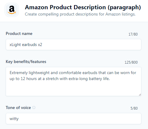 Jasper Templates: Amazon Product Description (Paragraph) template (Input)