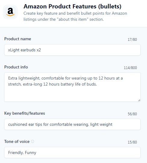 Jasper Templates: Amazon Product Features (bullets) template (Input) 