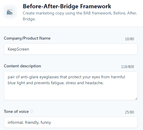 Jasper Templates - BAB (Before, After, Bridge) framework (Input)