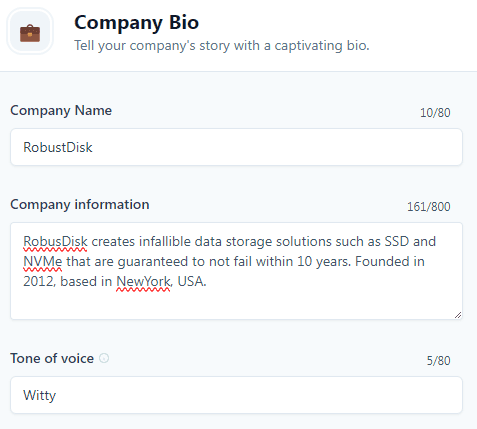 Jasper Template example - Company Bio template (Input)