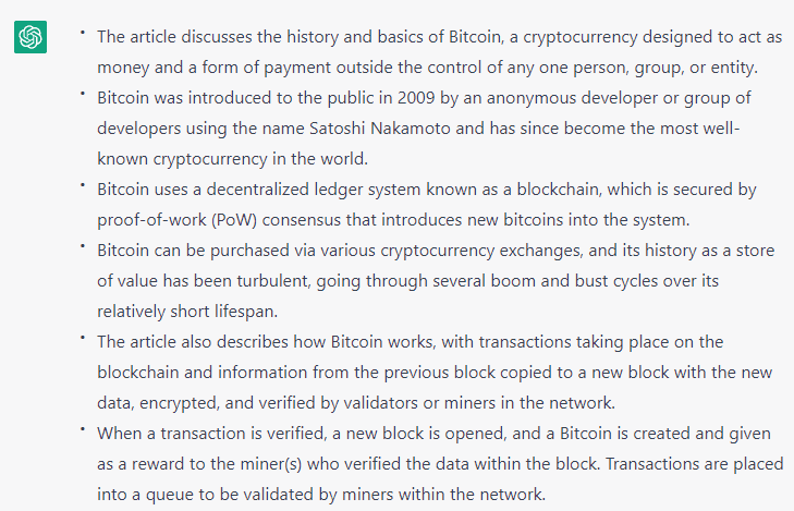 What can ChatGPT do: ChatGPT  can summarise a long article