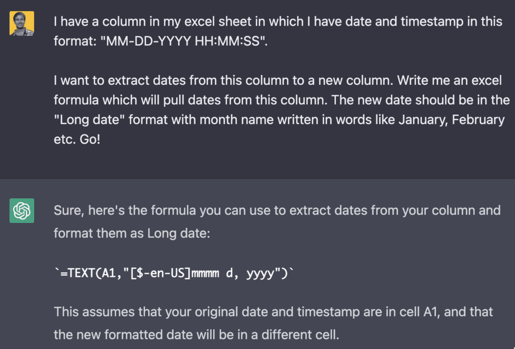 ChatGPT can compose custom formula for Microsoft Excel.