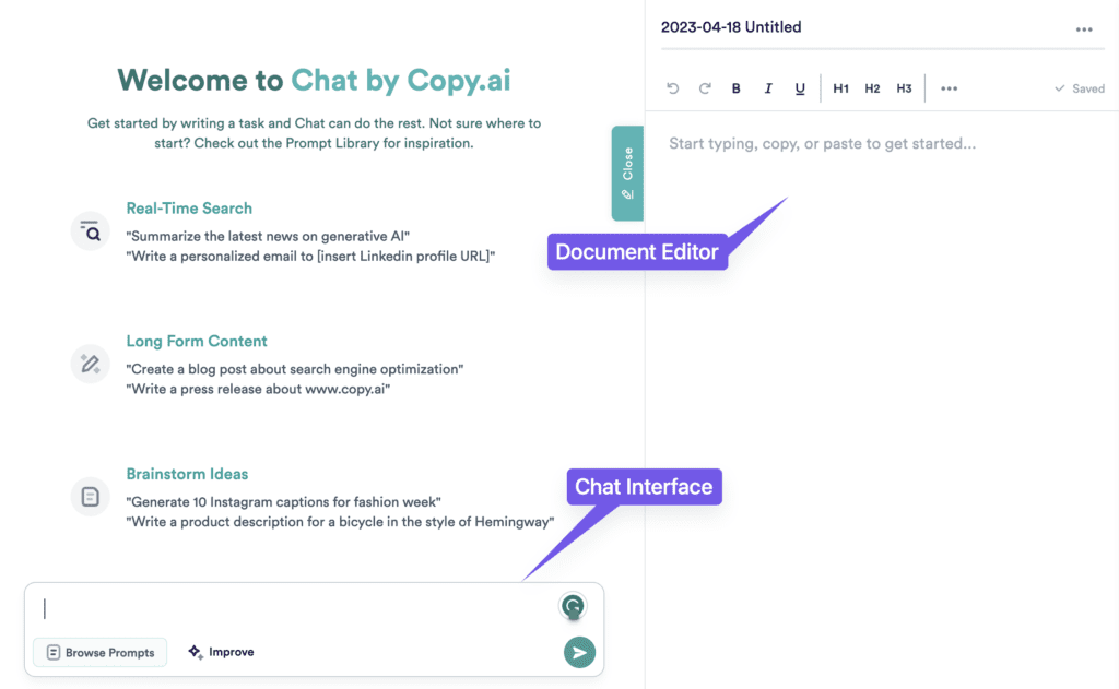 Copy.ai's AI chat gives a seamless experience with its document editor.