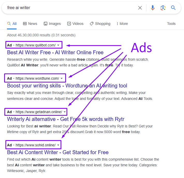 Is there a free AI writing tool? The first page of Google is a deceitful mess of links tricking users into trying their services.