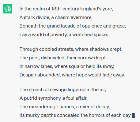 ChatGPT writes a poem about the struggle and woes of poor people living in 18th century England.