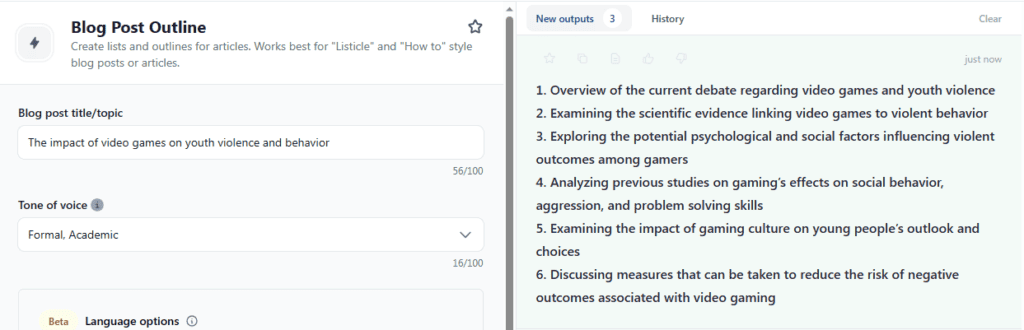 How to use Jasper AI for writing academic papers: Blog post outline template will create an outline for your essay. 