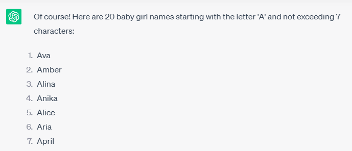 ChatGPT prompts to generate the Perfect Baby Name: Names generated by ChatGPT