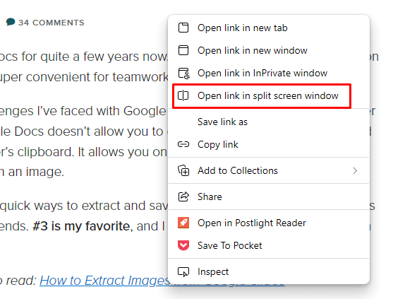 Split screen view right click menu microsoft edge