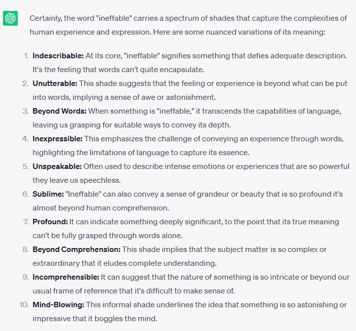 Synonyms with nuances of the word "Ineffable" by ChatGPT.